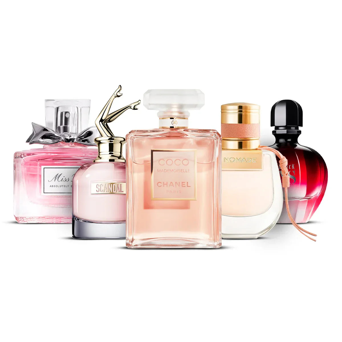5 Perfume Set: Dior Miss Dior Absolutely Blooming, Jean Paul Gaultier Scandal, Chanel Coco Mademoiselle, Chloé Nomade & Viktor&Rolf Bonbon 5×100 ml
