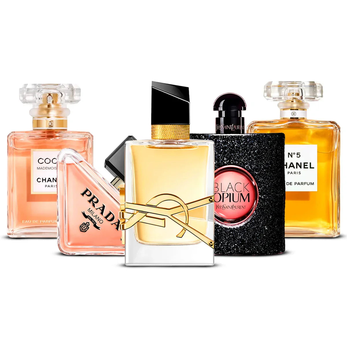 5 Perfume Set: Chanel Nº5, Chanel Coco Mademoiselle, YSL Libre, YSL Black Opium & Prada Paradoxe 5×100 ml