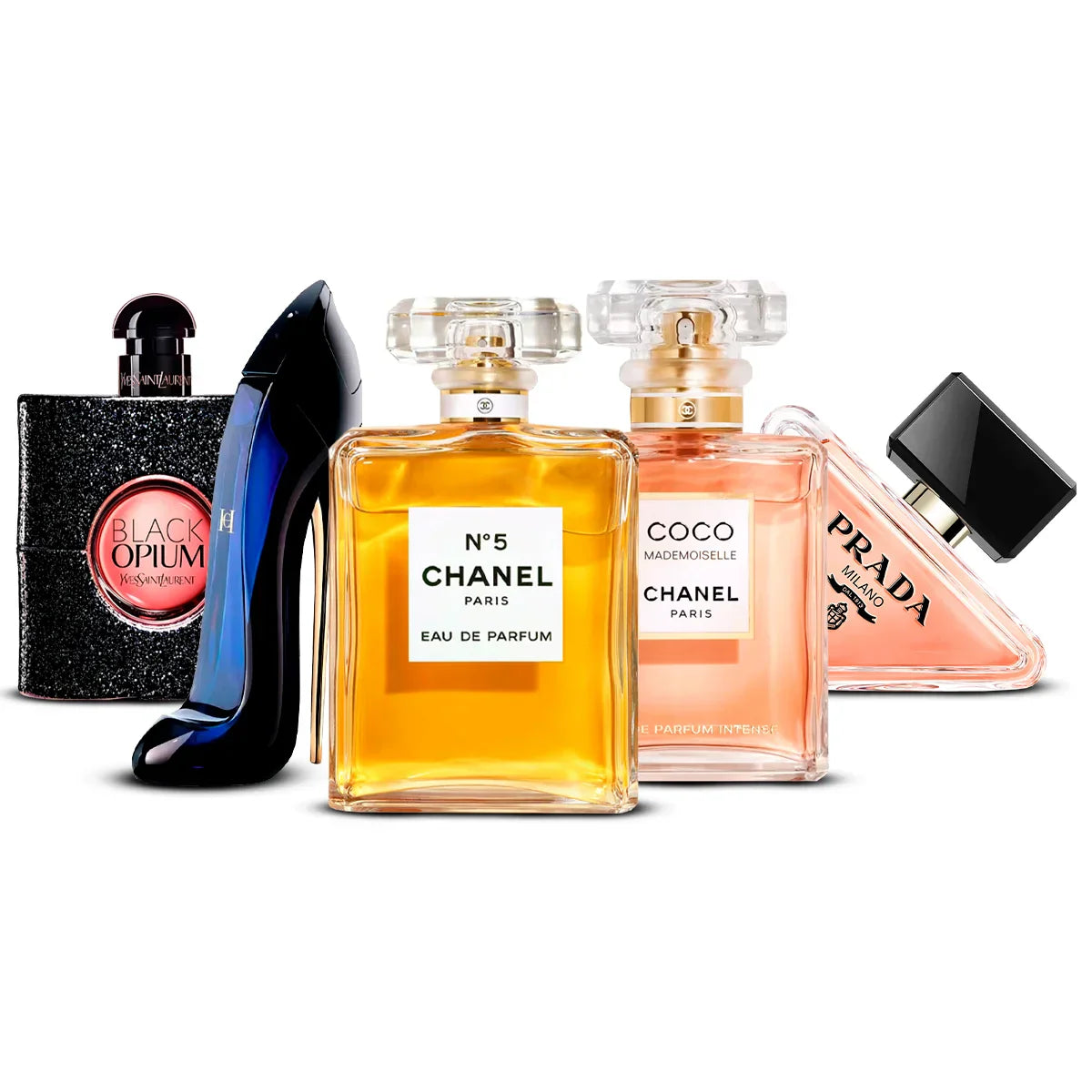 5 Perfume Set: Chanel Nº5, Chanel Coco Mademoiselle, Yves Saint Laurent Black Opium, Carolina Herrera Good Girl & Prada Paradoxe 5×100 ml