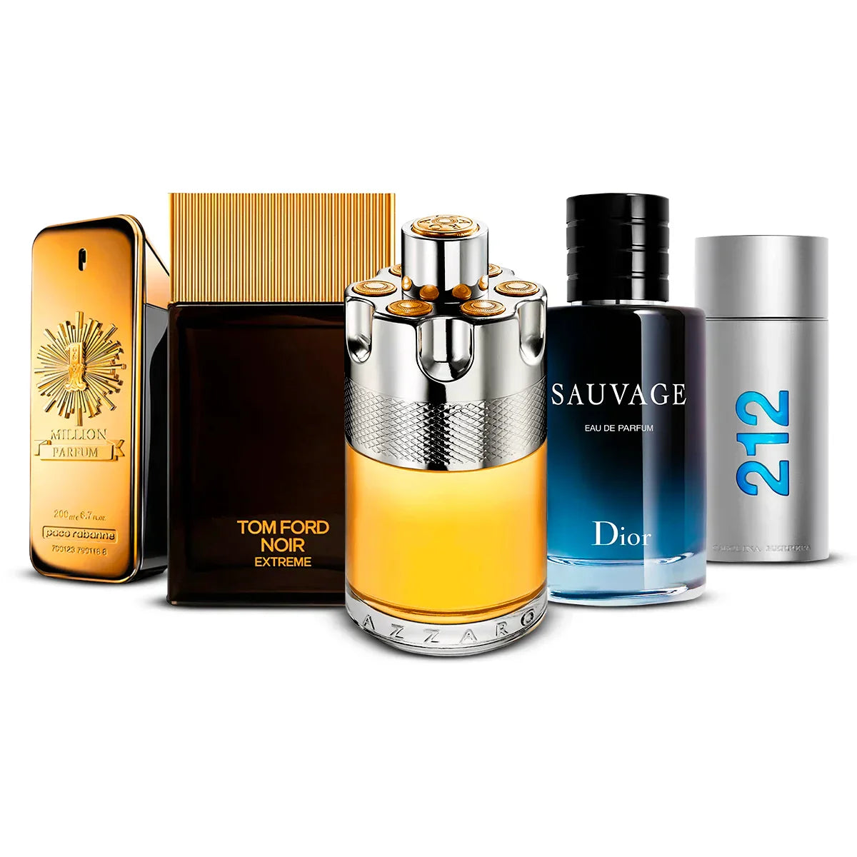 5 Perfume Set: Paco Rabanne 1 Million Parfum, Tom Ford Noir Extreme, Azzaro Wanted, Dior Sauvage & Carolina Herrera 212 Men 5×100 ml