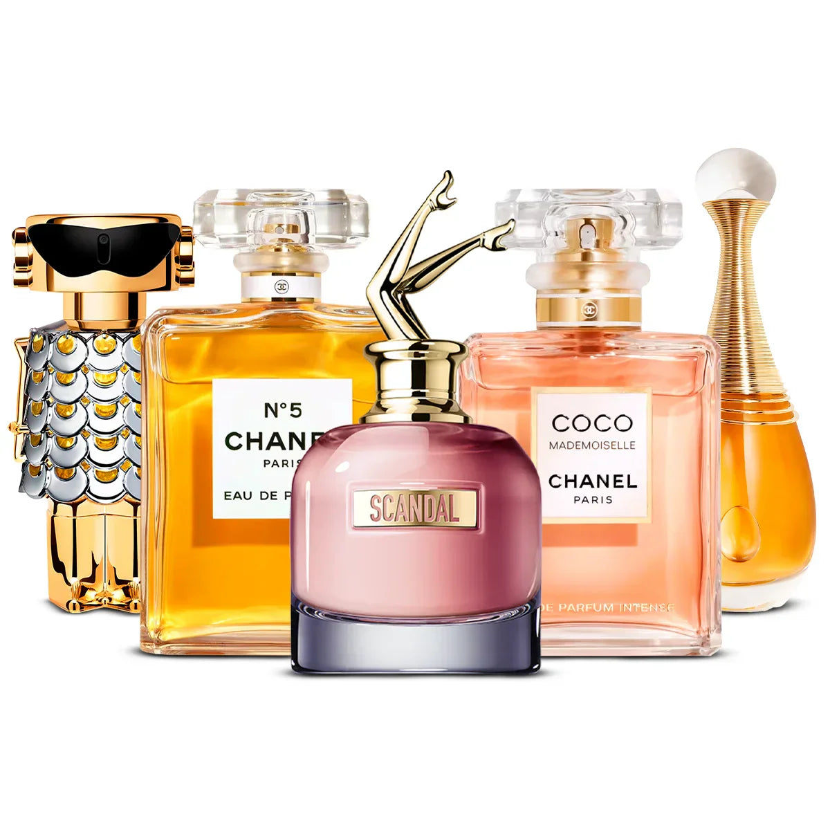 5 Perfume Set: Rabanne Fame, Chanel Nº5, Jean Paul Gaultier Scandal, Chanel Coco Mademoiselle & Dior J’adore 5×100 ml