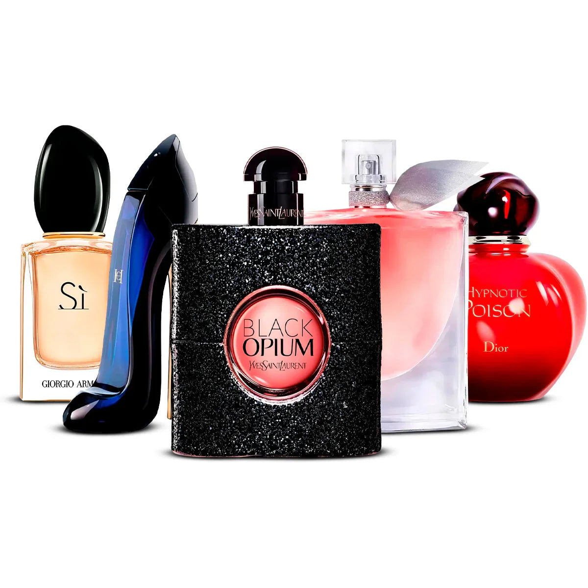 5 Perfume Set: Giorgio Armani Sì, Carolina Herrera Good Girl, Yves Saint Laurent Black Opium, Lancôme La Vie Est Belle & Dior Hypnotic Poison 5×100 ml