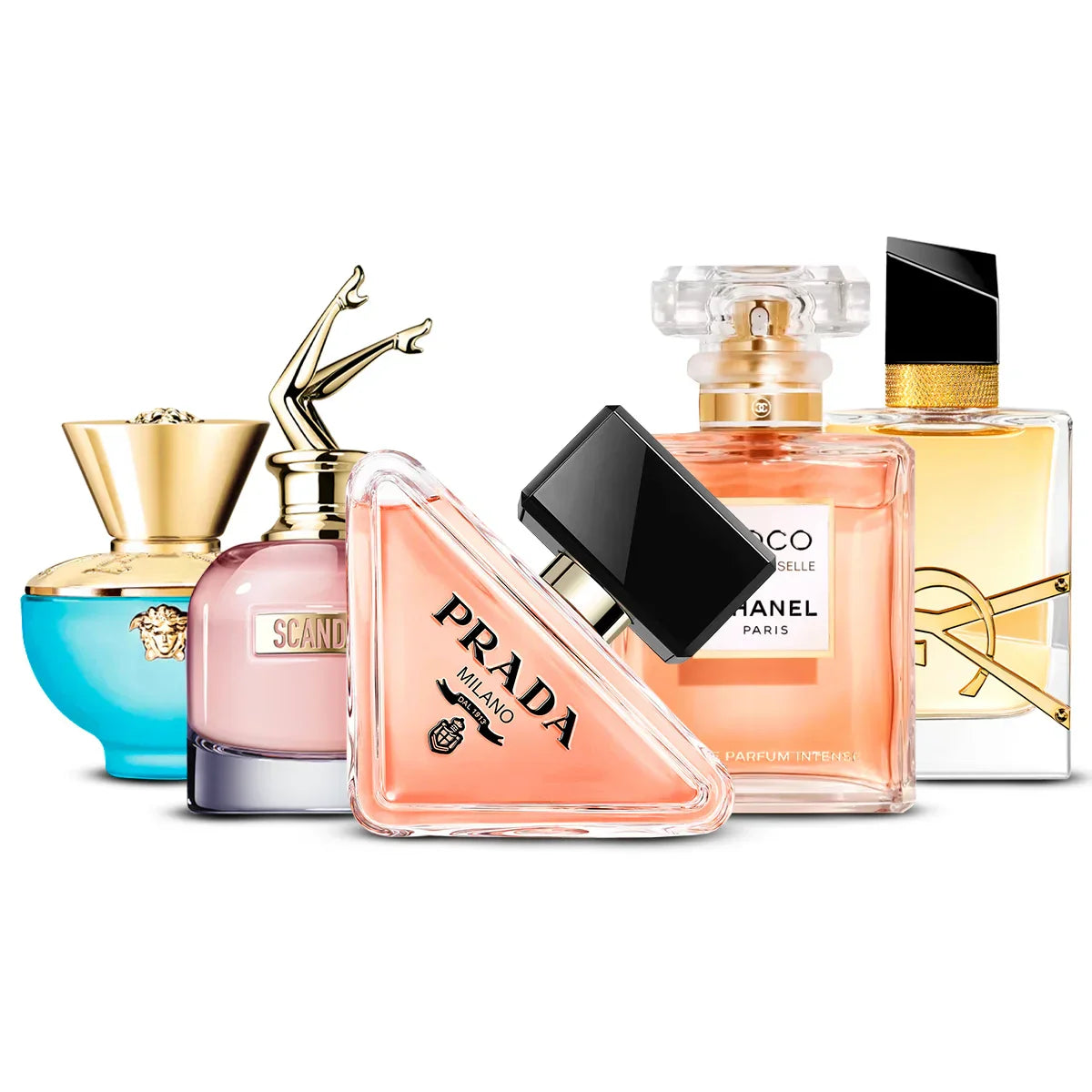 5 Perfume Set: Versace Dylan Turquoise, Jean Paul Gaultier Scandal, Prada Paradoxe, Chanel Coco Mademoiselle & Yves Saint Laurent Libre 5×100 ml