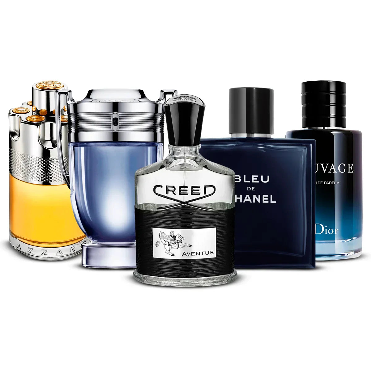 5 Perfume Set: Azzaro Wanted, Paco Rabanne Invictus, Creed Aventus, Chanel Bleu de Chanel & Dior Sauvage 5×100 ml