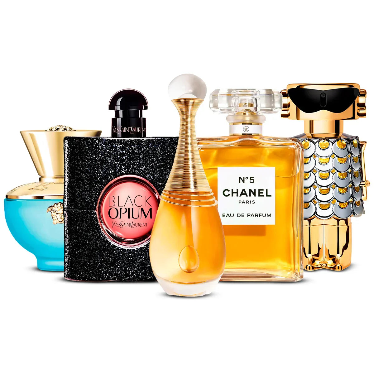 5 Perfume Set: Versace Dylan Turquoise, Yves Saint Laurent Black Opium, Dior J’adore, Chanel Nº5 & Rabanne Fame 5×100 ml