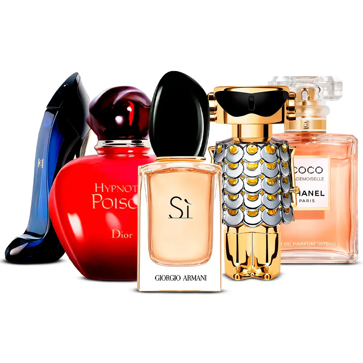 5 Perfume Set: Carolina Herrera Good Girl, Dior Hypnotic Poison, Giorgio Armani Sì, Rabanne Fame & Chanel Coco Mademoiselle 5×100 ml