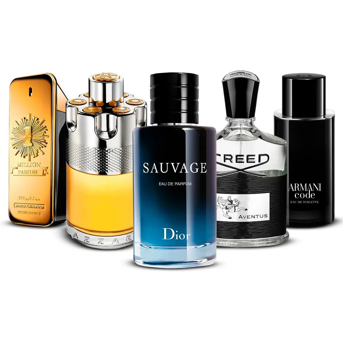 5 Perfume Set: Paco Rabanne 1 Million Parfum, Azzaro Wanted, Dior Sauvage, Creed Aventus & Armani Code 5×100 ml
