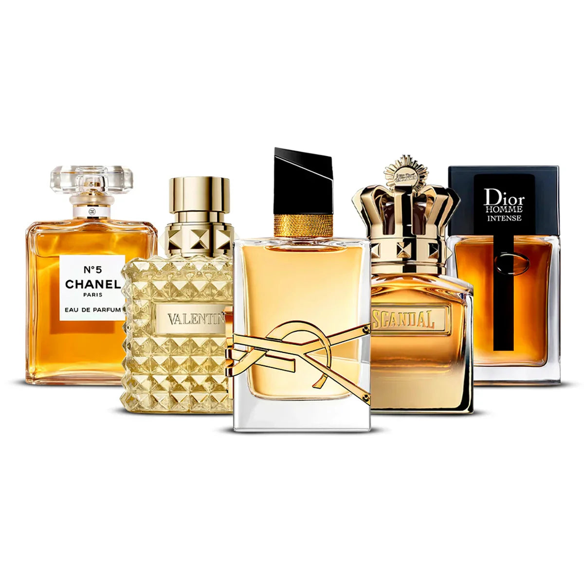 5 Perfume Set: Chanel Nº5, Valentino Donna Born in Roma Yellow Dream, Yves Saint Laurent Libre, Jean Paul Gaultier Scandal & Dior Homme Intense 5×100 ml