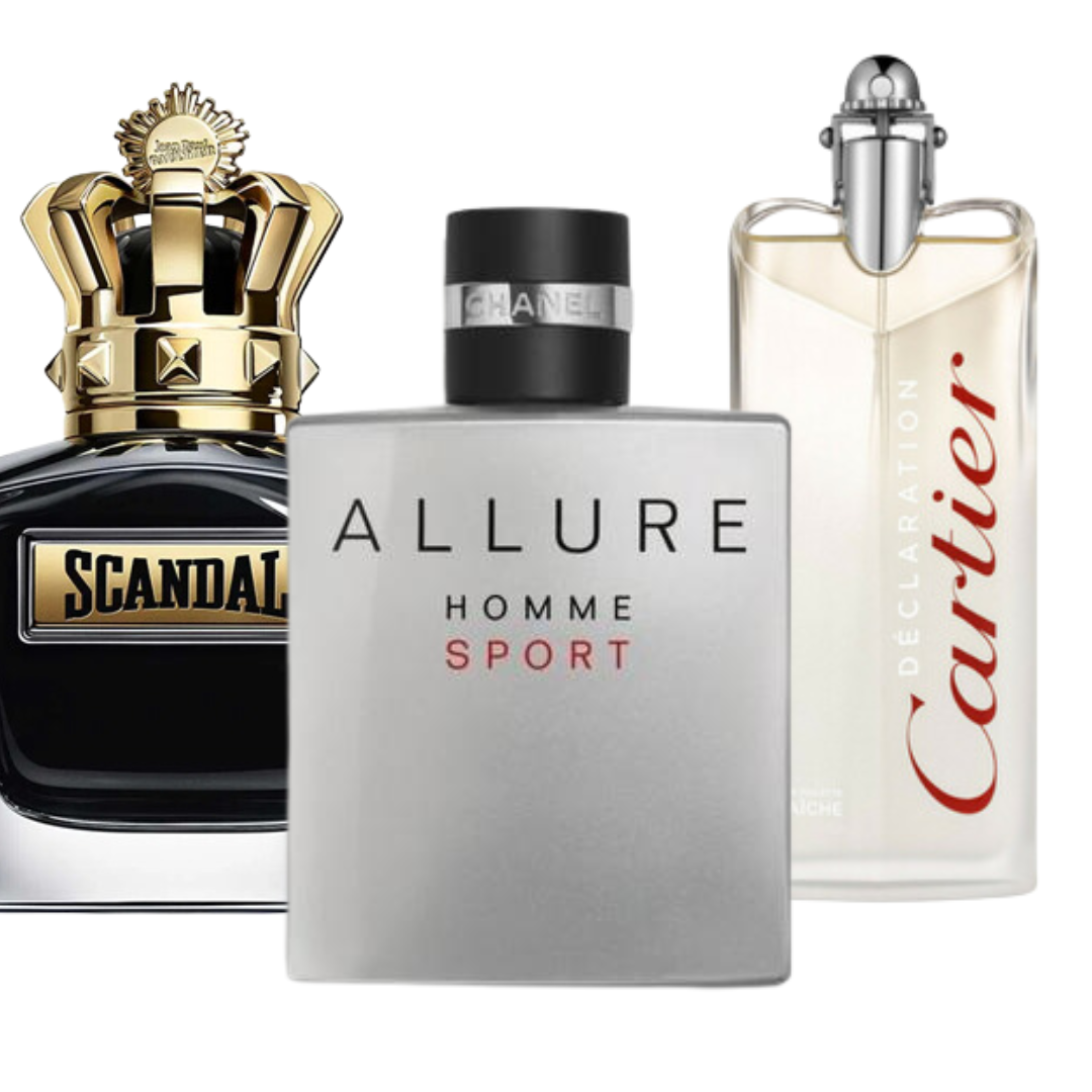 3 Perfume Set: Allure Homme Sports, Jean Paul Gaultier Scandal, y Cartier Declaration 100ml