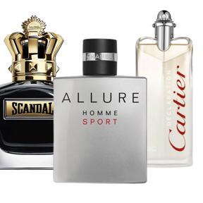 3 Perfume Set: Allure Homme Sports, Jean Paul Gaultier Scandal, y Cartier Declaration 100ml