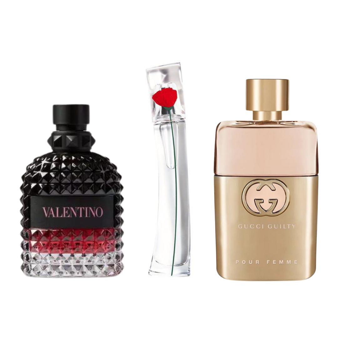 3 Perfume Set: Gucci Guilt, Valentini Intense, y Flower Kenzo 100ml